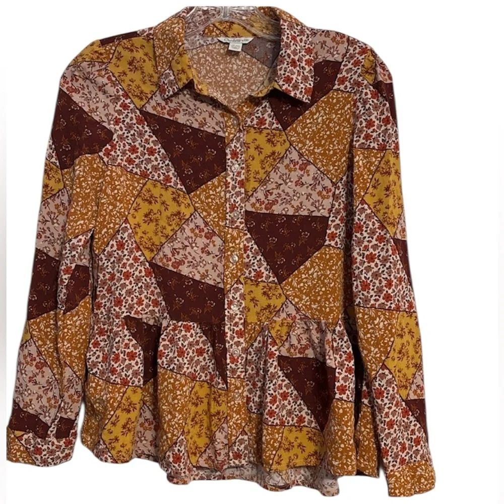 Charlotte By Cato Girls XL (18) Button Patchwork Peplum Top Long Sleeves Boho